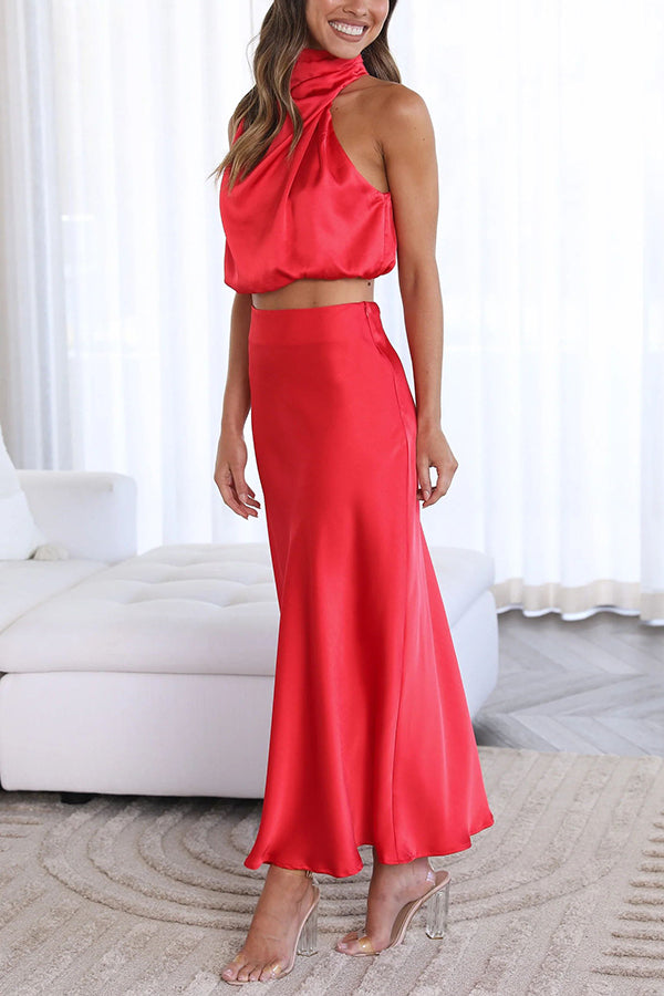 Elegant Satin Two Piece Set for Women with Halter Crop Top Maxi Skirt Wedding Guest Style