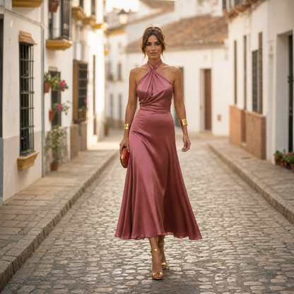 Elegant Satin Midi Dress for Women with Halter Twist Neck Sleeveless Flowing Style