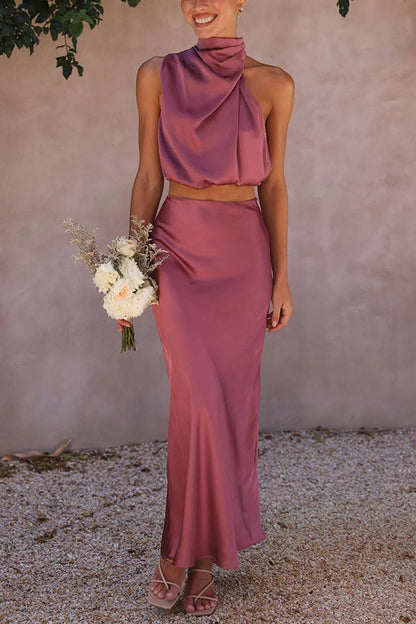 Elegant Satin Two Piece Set for Women with Halter Crop Top Maxi Skirt Wedding Guest Style