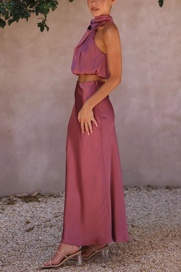 Elegant Satin Two Piece Set for Women with Halter Crop Top Maxi Skirt Wedding Guest Style