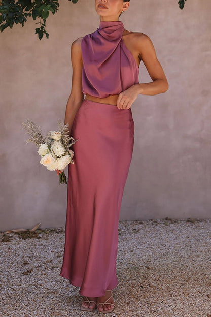 Elegant Satin Two Piece Set for Women with Halter Crop Top Maxi Skirt Wedding Guest Style