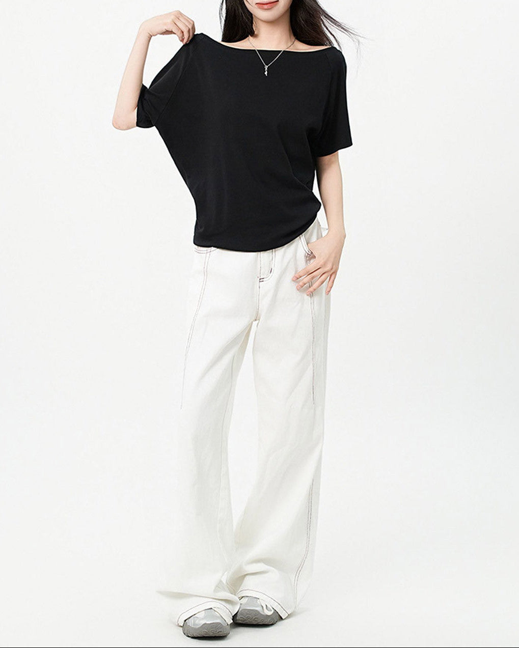 Effortless Black Off The Shoulder Top for Women with Batwing Sleeve Relaxed Oversized Casual Style