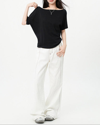 Effortless Black Off The Shoulder Top for Women with Batwing Sleeve Relaxed Oversized Casual Style