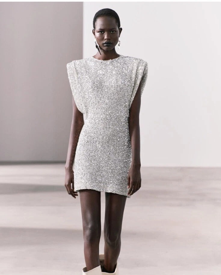 Elegant Sequin Dress for Women with Mock Neck Cap Sleeve Ruched Bodycon Sparkle Party Style