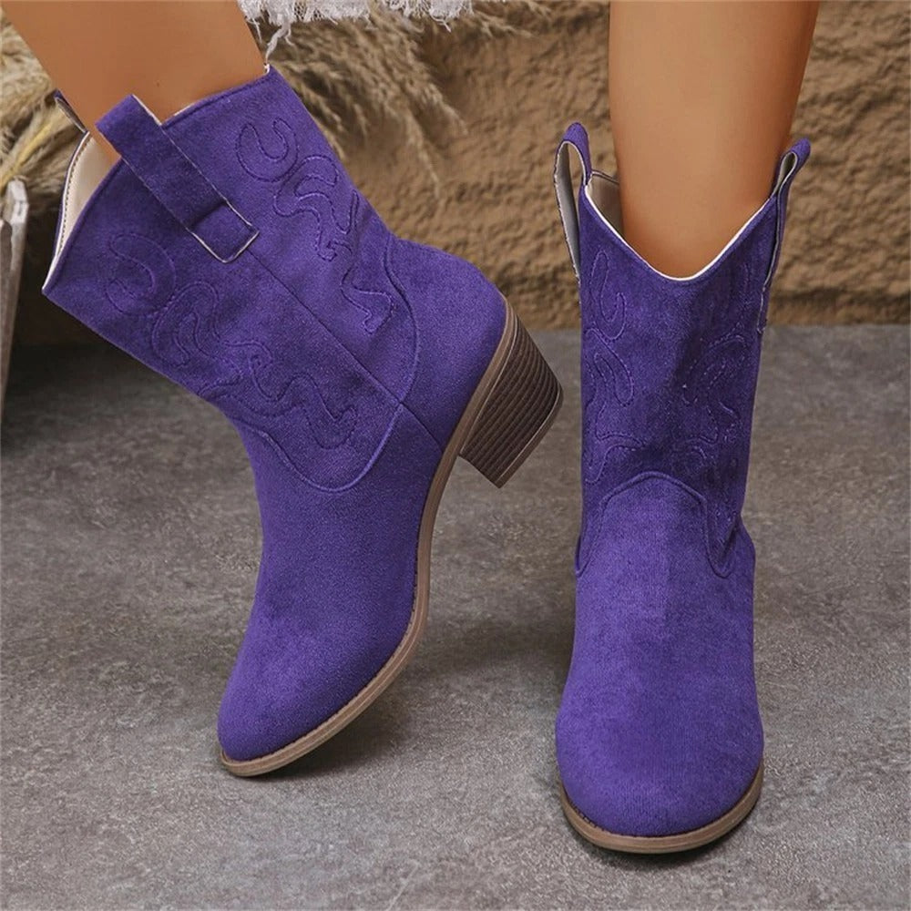 Stylish Suede Cowboy Boots for Women with Embroidered Pointed Toe Block Heel Western Style