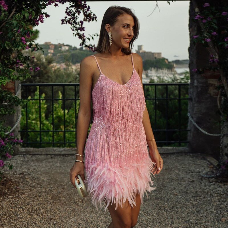 Elegant Fringe Sequin Mini Dress for Women with V Neck Spaghetti Strap Feather Hem Flapper Style