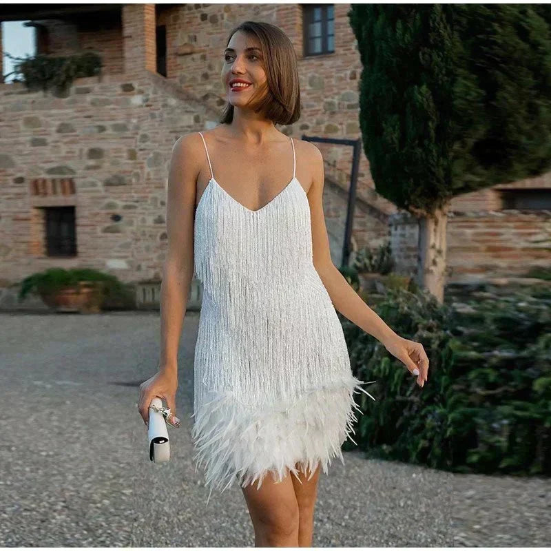 Elegant Fringe Sequin Mini Dress for Women with V Neck Spaghetti Strap Feather Hem Flapper Style