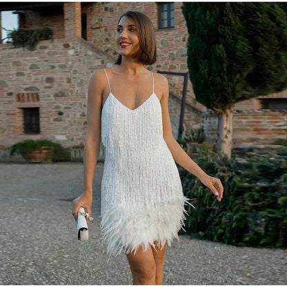 Elegant Fringe Sequin Mini Dress for Women with V Neck Spaghetti Strap Feather Hem Flapper Style