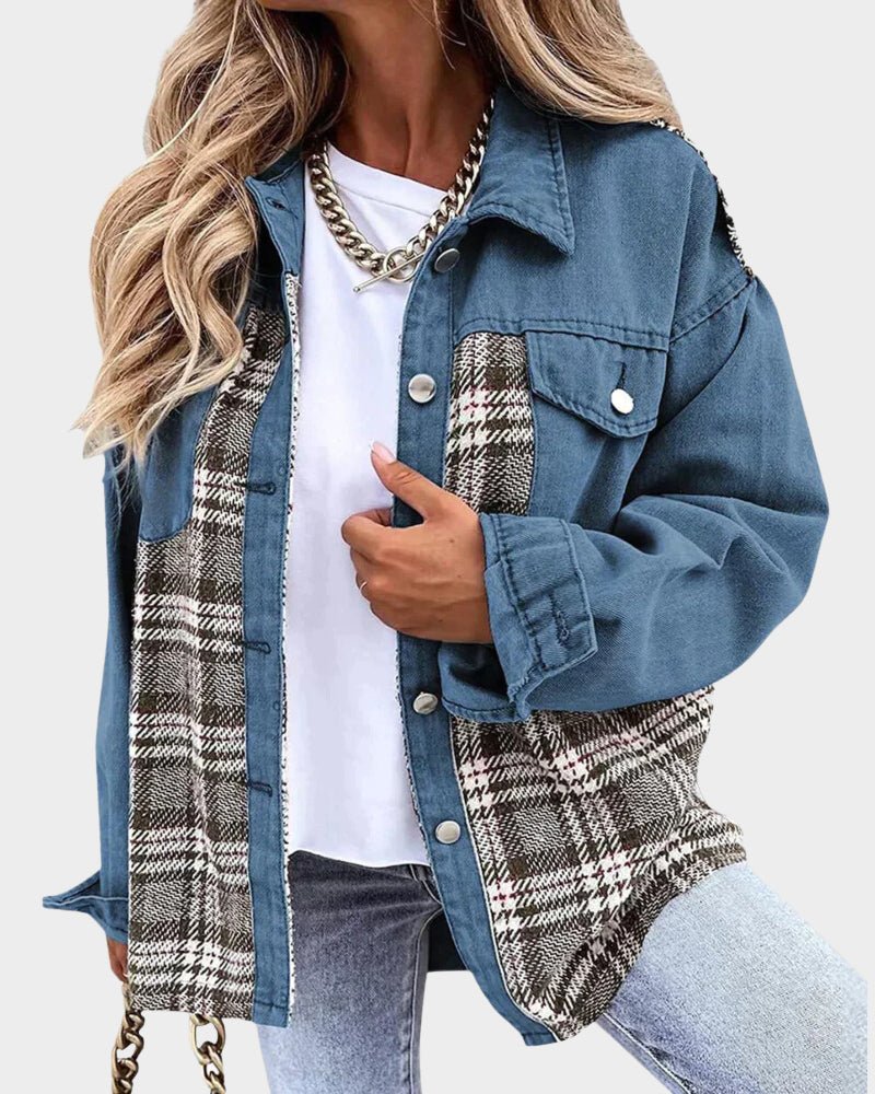 Effortless Denim Jacket for Women with Spread Collar Long Sleeve Plaid Panel Oversized Style
