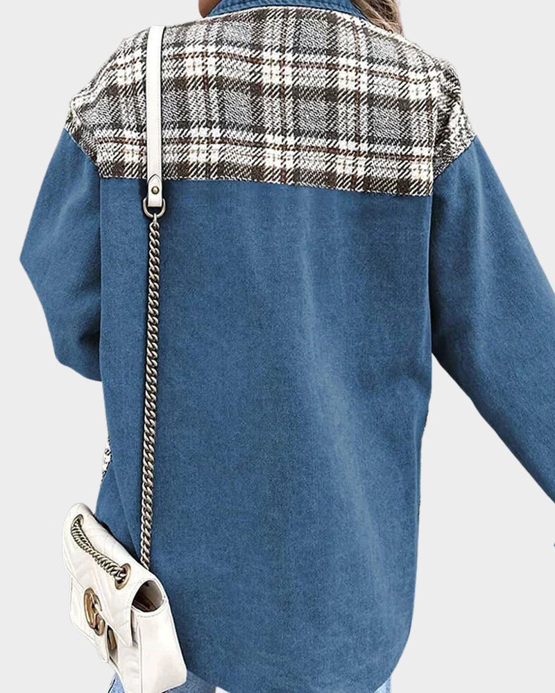 Effortless Denim Jacket for Women with Spread Collar Long Sleeve Plaid Panel Oversized Style