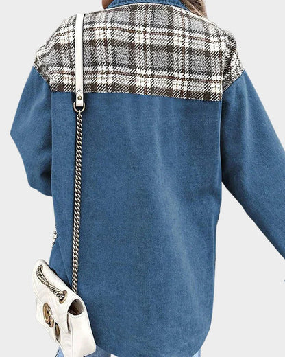 Effortless Denim Jacket for Women with Spread Collar Long Sleeve Plaid Panel Oversized Style