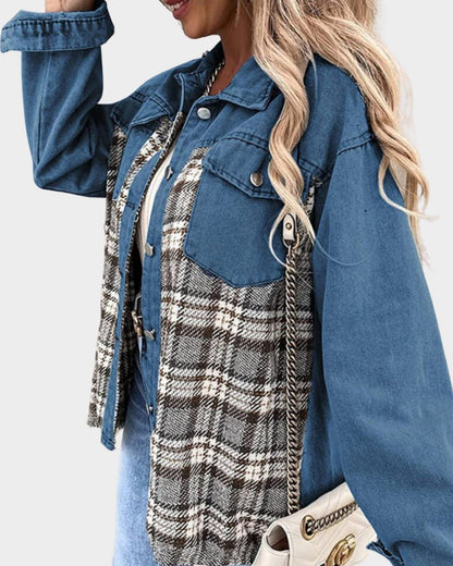 Effortless Denim Jacket for Women with Spread Collar Long Sleeve Plaid Panel Oversized Style