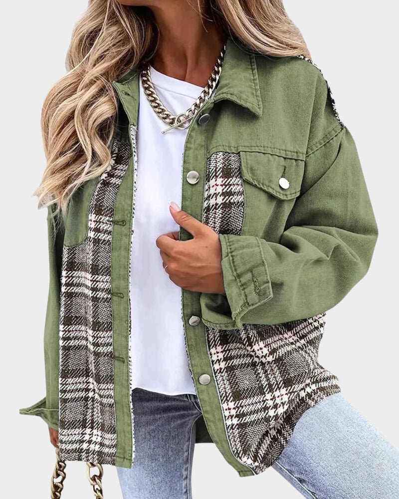Effortless Denim Jacket for Women with Spread Collar Long Sleeve Plaid Panel Oversized Style