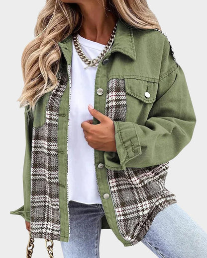 Effortless Denim Jacket for Women with Spread Collar Long Sleeve Plaid Panel Oversized Style