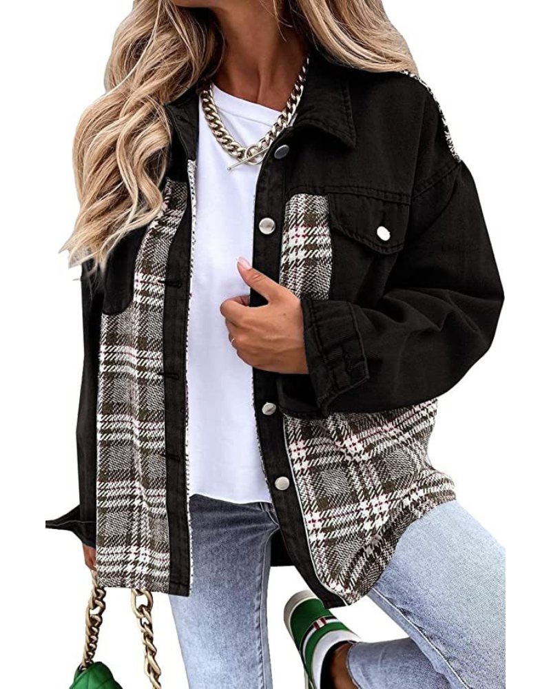 Effortless Denim Jacket for Women with Spread Collar Long Sleeve Plaid Panel Oversized Style