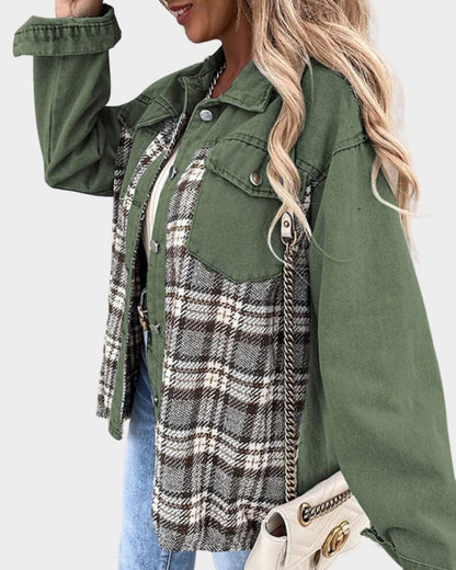 Effortless Denim Jacket for Women with Spread Collar Long Sleeve Plaid Panel Oversized Style