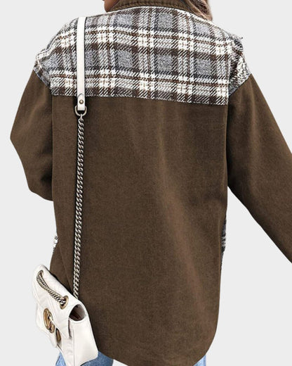 Effortless Denim Jacket for Women with Spread Collar Long Sleeve Plaid Panel Oversized Style
