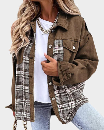 Effortless Denim Jacket for Women with Spread Collar Long Sleeve Plaid Panel Oversized Style