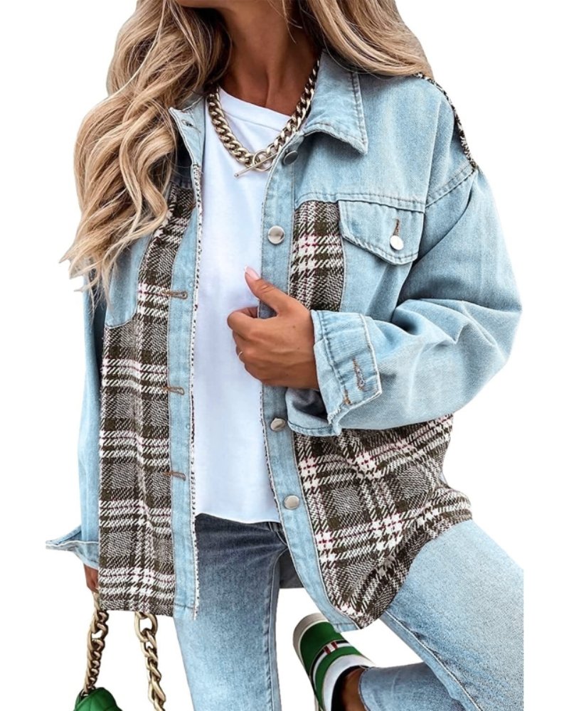 Effortless Denim Jacket for Women with Spread Collar Long Sleeve Plaid Panel Oversized Style