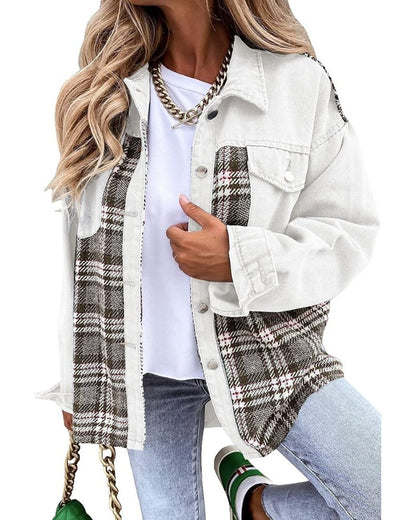 Effortless Denim Jacket for Women with Spread Collar Long Sleeve Plaid Panel Oversized Style