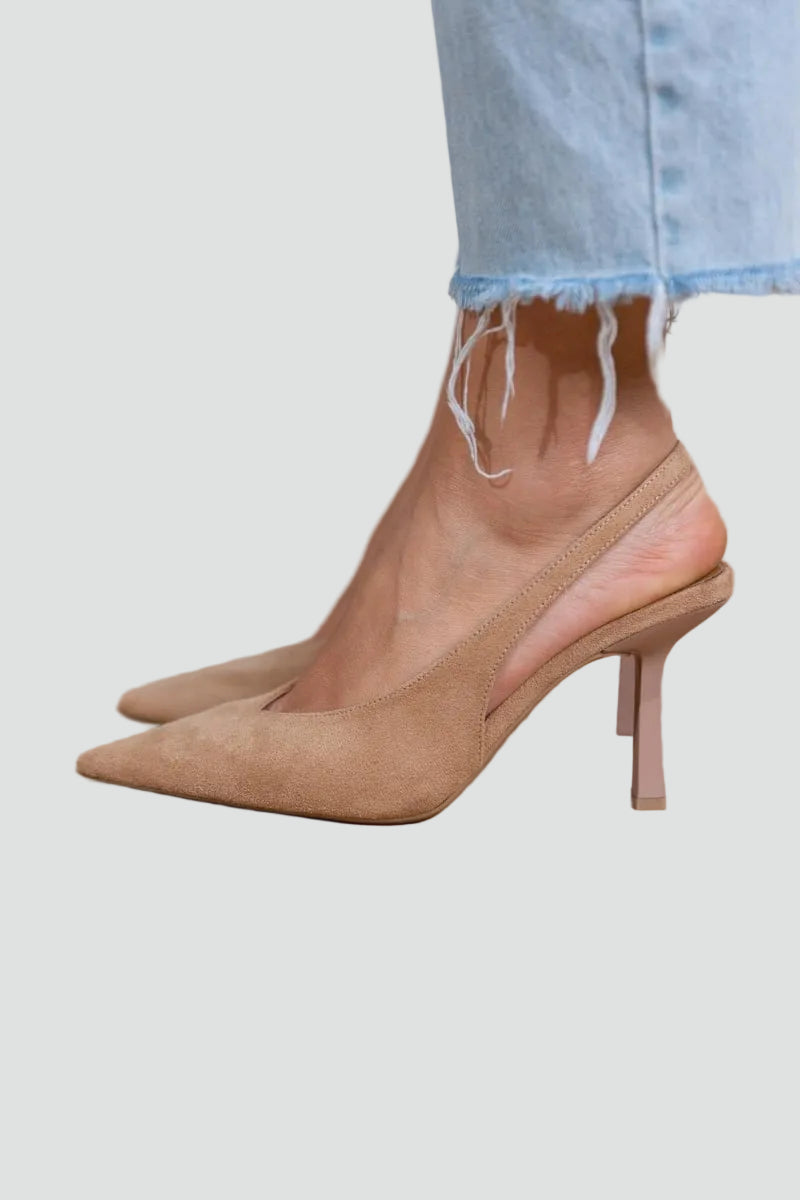 Elegant Beige Kitten Heels for Women with Pointed Toe Slingback Suede Pump Style