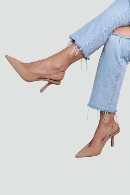 Elegant Beige Kitten Heels for Women with Pointed Toe Slingback Suede Pump Style