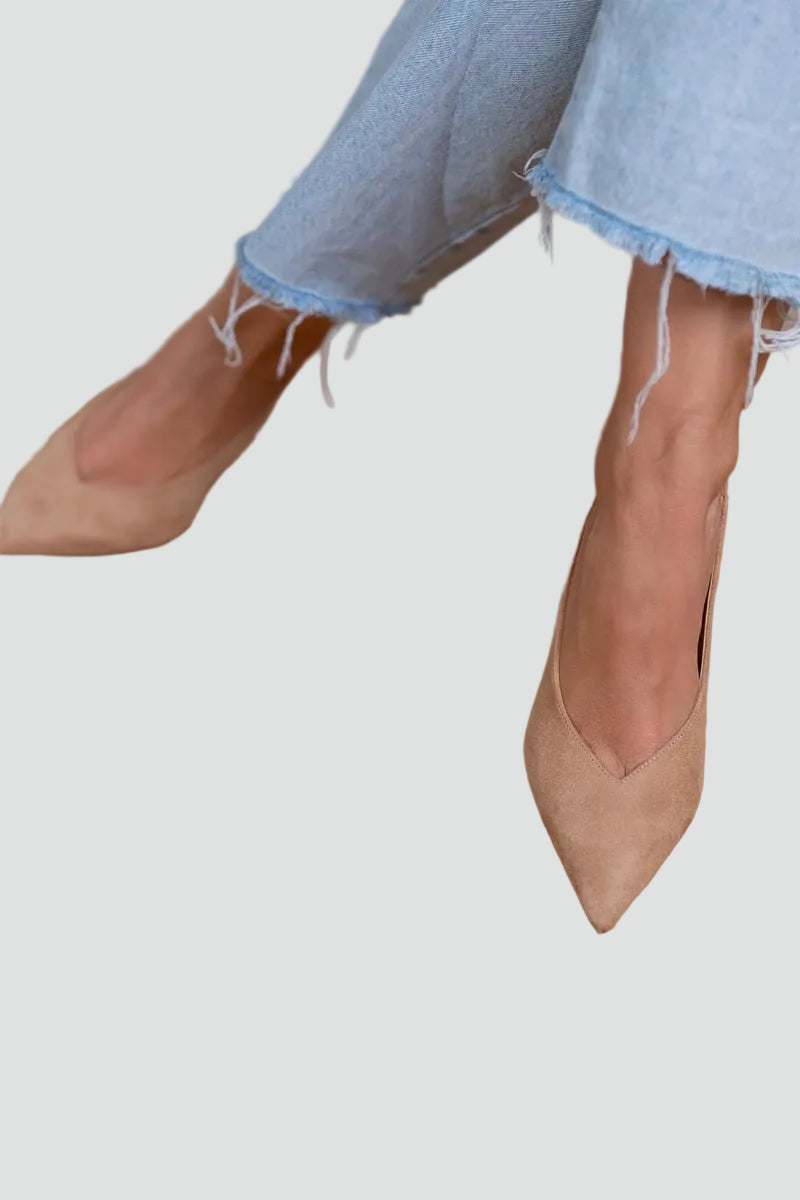Elegant Beige Kitten Heels for Women with Pointed Toe Slingback Suede Pump Style