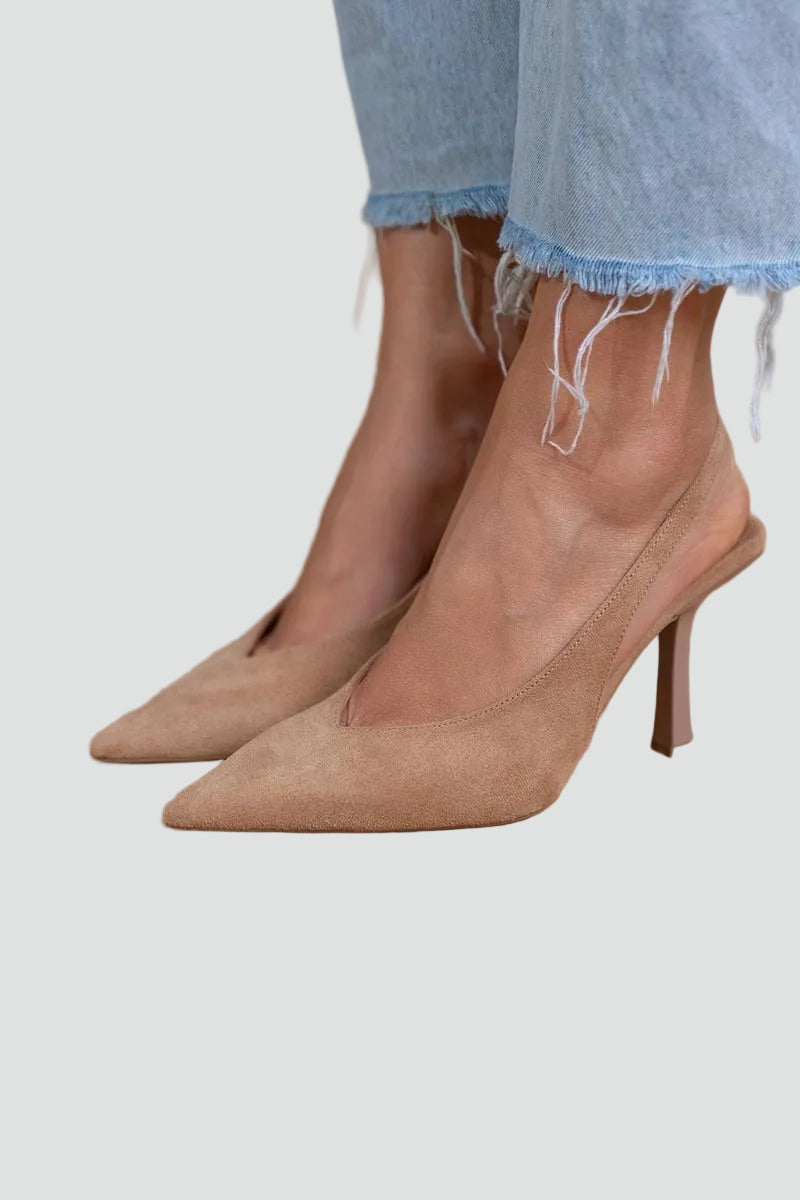 Elegant Beige Kitten Heels for Women with Pointed Toe Slingback Suede Pump Style