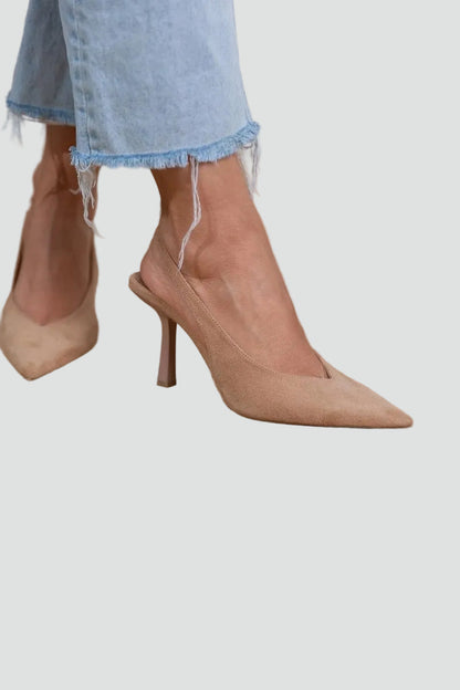 Elegant Beige Kitten Heels for Women with Pointed Toe Slingback Suede Pump Style