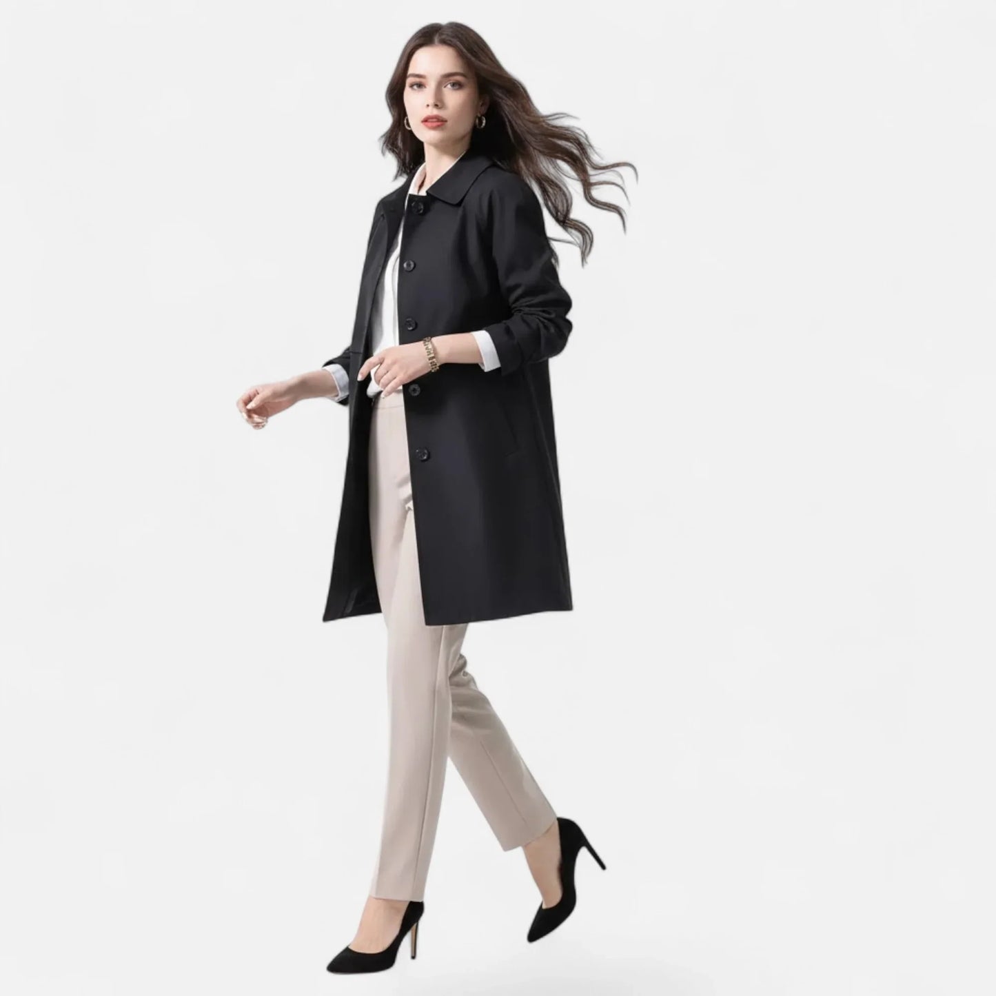 Elegant Wool Trench Coat for Women with Point Collar Long Sleeve Double Breasted Belted Style