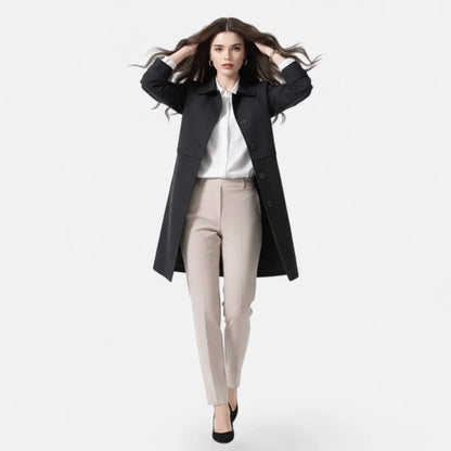 Elegant Wool Trench Coat for Women with Point Collar Long Sleeve Double Breasted Belted Style