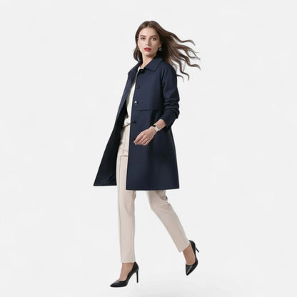 Elegant Wool Trench Coat for Women with Point Collar Long Sleeve Double Breasted Belted Style