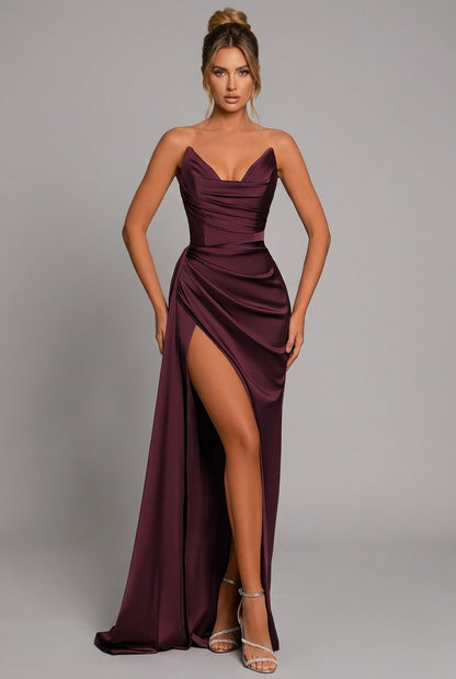 Elegant Satin Maxi Dress for Formal Wedding Guest Style with Strapless Ruched Bodice