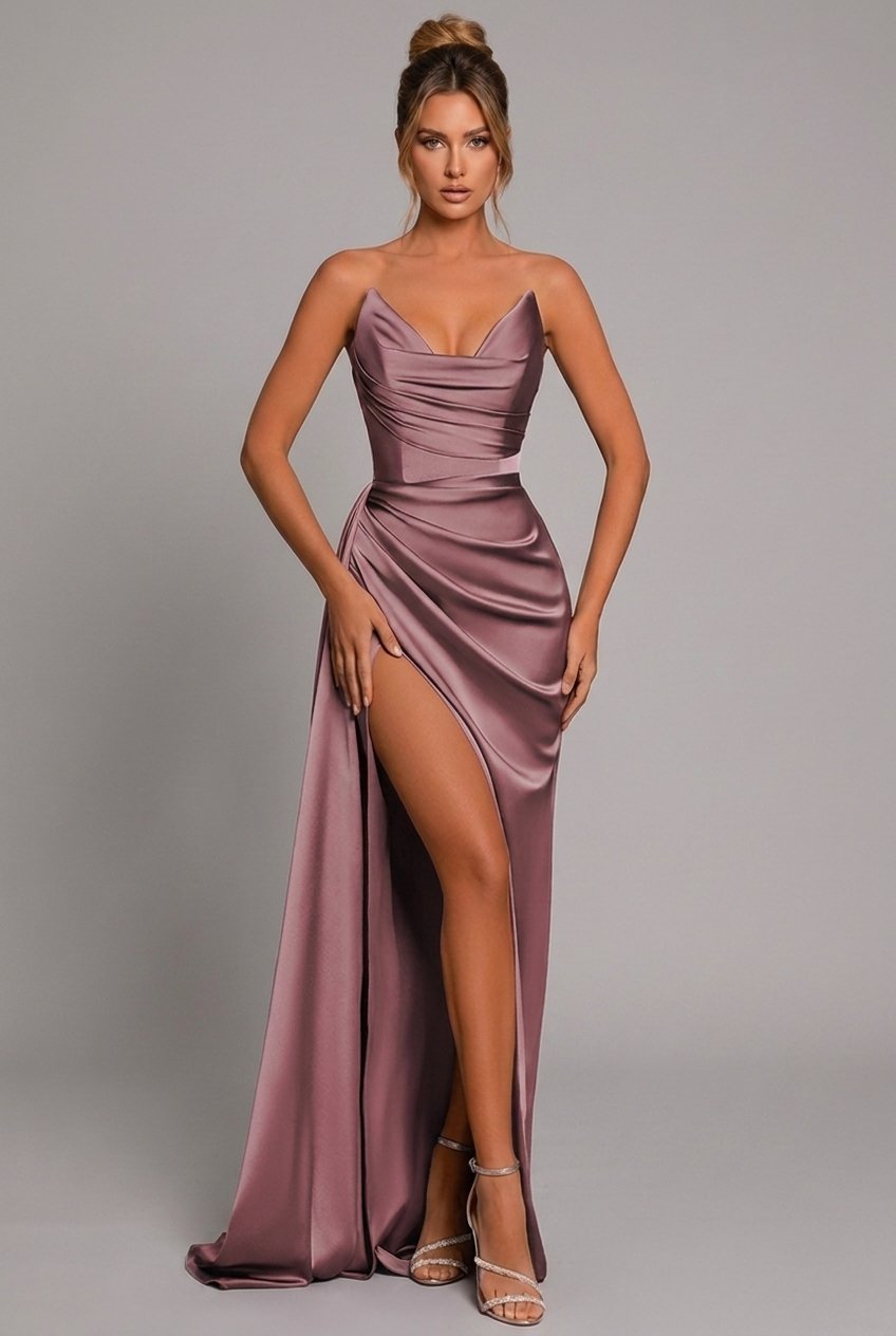 Elegant Satin Maxi Dress for Formal Wedding Guest Style with Strapless Ruched Bodice