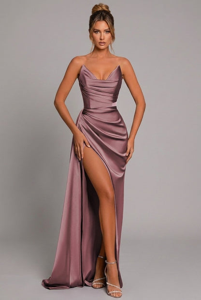 Elegant Satin Maxi Dress for Formal Wedding Guest Style with Strapless Ruched Bodice
