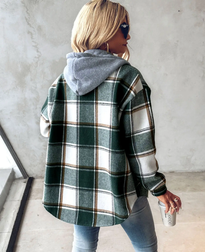 Effortless Plaid Flannel Shacket for Women with Hooded Long Sleeve Button Front Chest Pocket Oversized Style