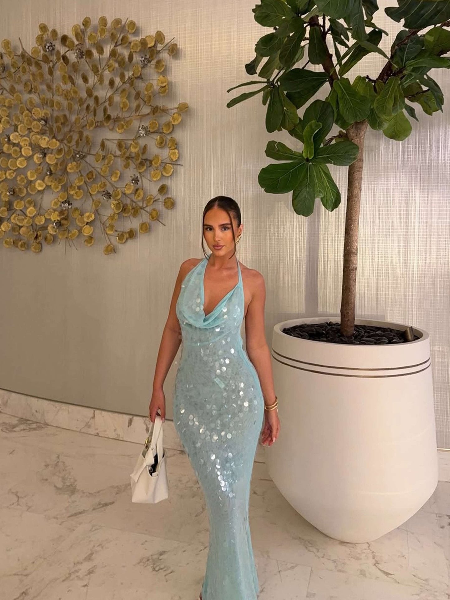 Elegant Blue Sequin Dress for Women with Cowl Neck Halter Bodycon Mermaid Formal Party Style