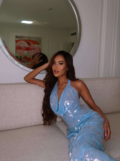 Elegant Blue Sequin Dress for Women with Cowl Neck Halter Bodycon Mermaid Formal Party Style