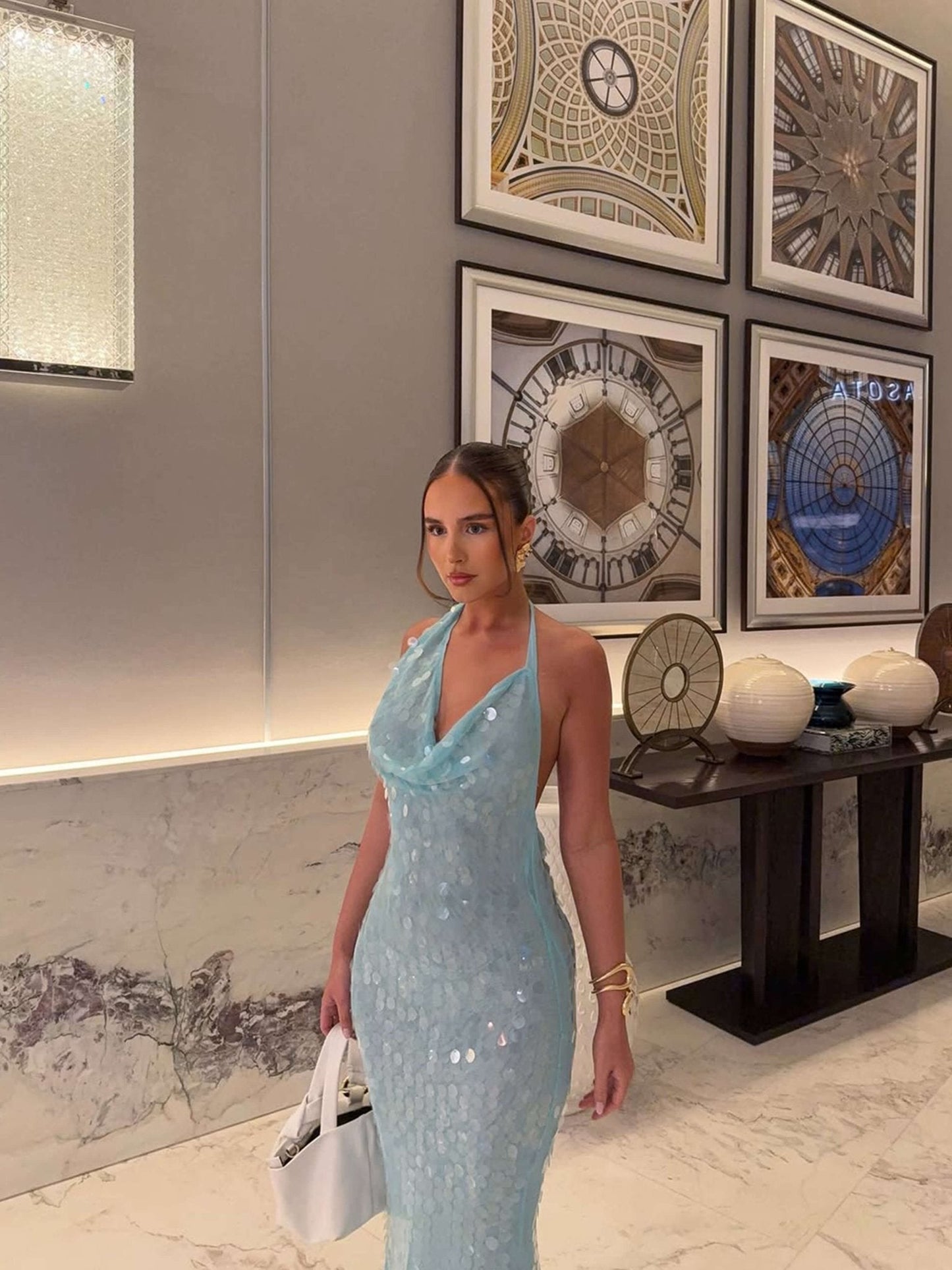 Elegant Blue Sequin Dress for Women with Cowl Neck Halter Bodycon Mermaid Formal Party Style