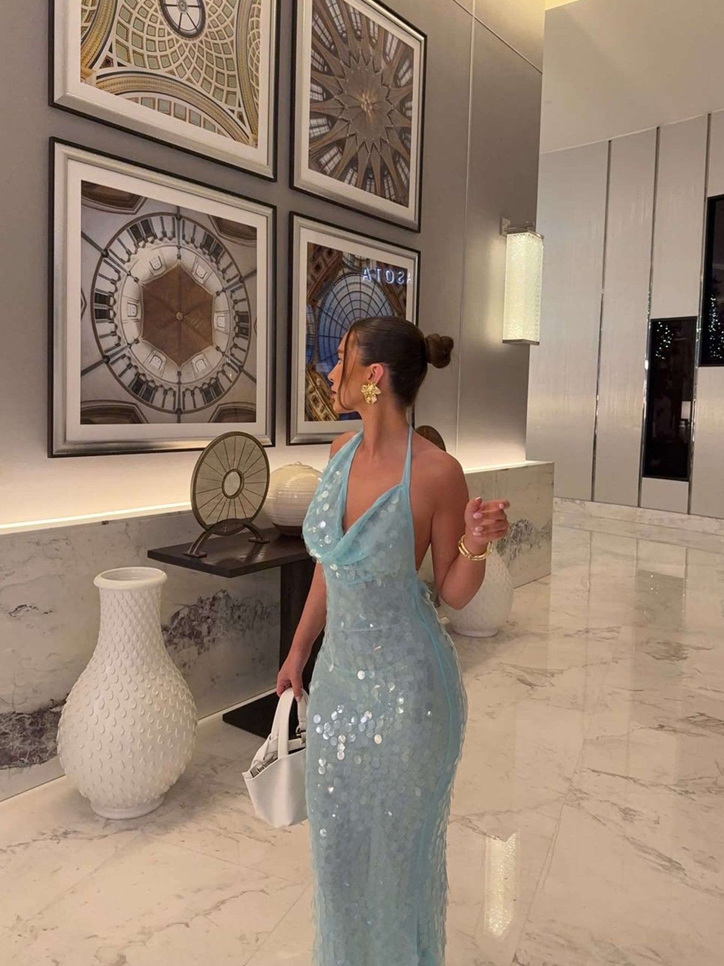 Elegant Blue Sequin Dress for Women with Cowl Neck Halter Bodycon Mermaid Formal Party Style