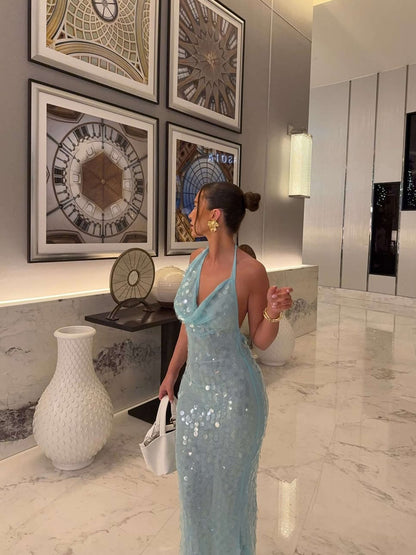 Elegant Blue Sequin Dress for Women with Cowl Neck Halter Bodycon Mermaid Formal Party Style