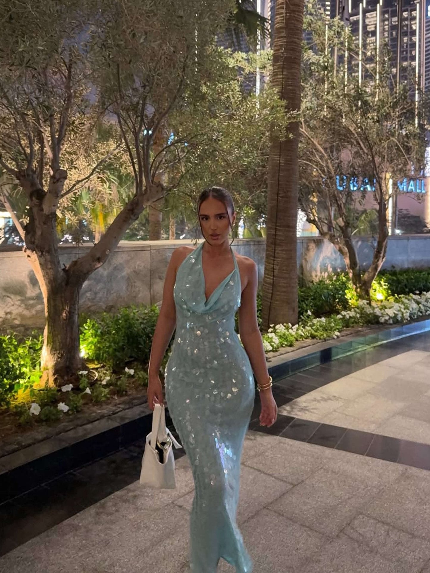 Elegant Blue Sequin Dress for Women with Cowl Neck Halter Bodycon Mermaid Formal Party Style