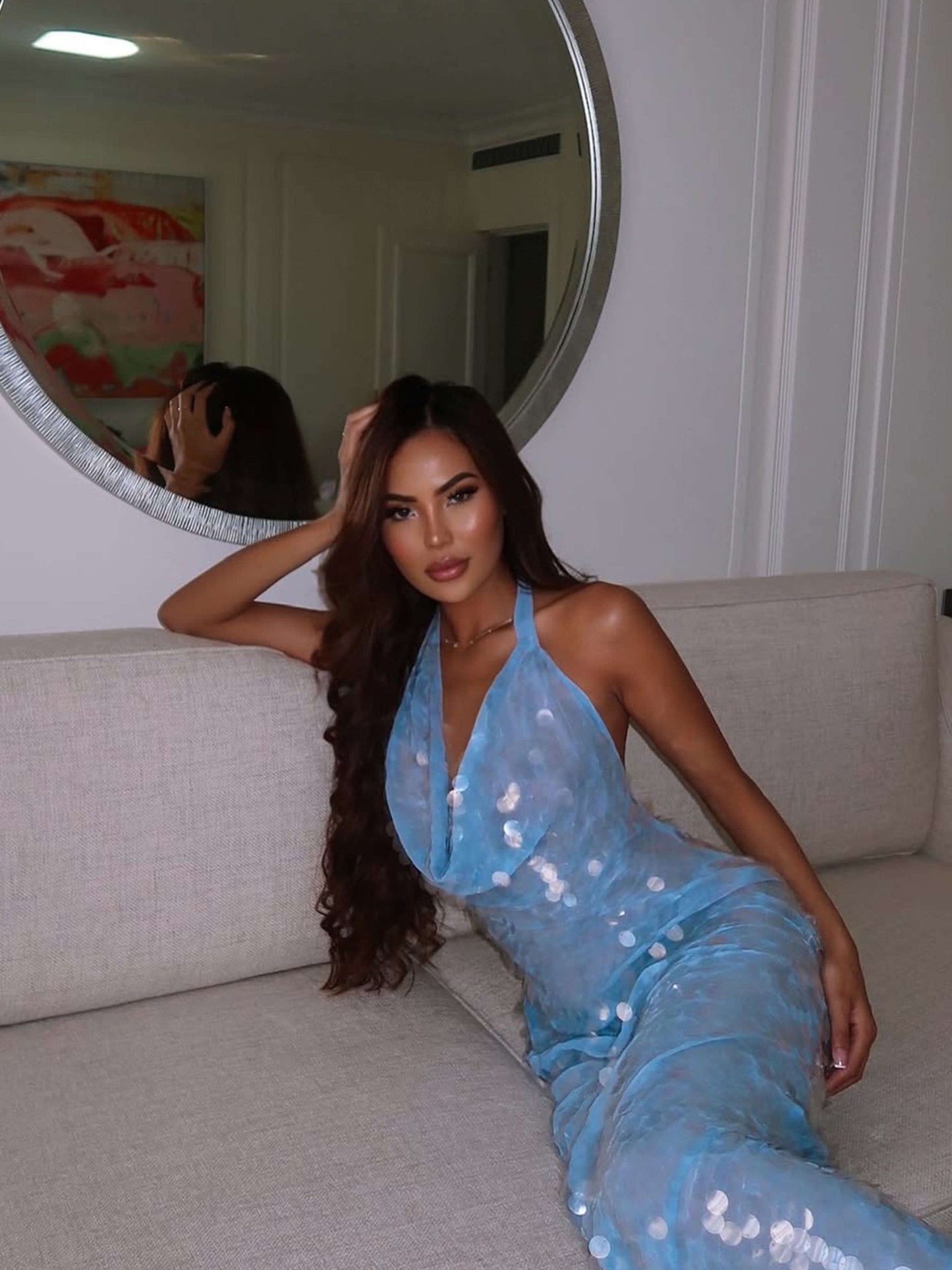 Elegant Blue Sequin Dress for Women with Cowl Neck Halter Bodycon Mermaid Formal Party Style