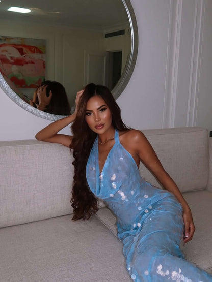 Elegant Blue Sequin Dress for Women with Cowl Neck Halter Bodycon Mermaid Formal Party Style