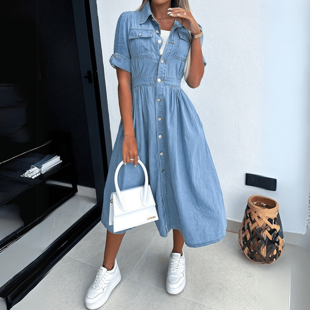 Effortless Blue Denim Dress for Women with Collar Short Sleeve Button Front Midi Shirt Style