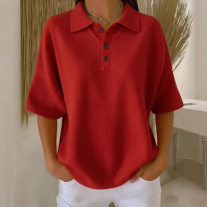 Effortless Waffle Knit Blouses for Women with Polo Neck Button Short Sleeve Loose Fit Casual Style