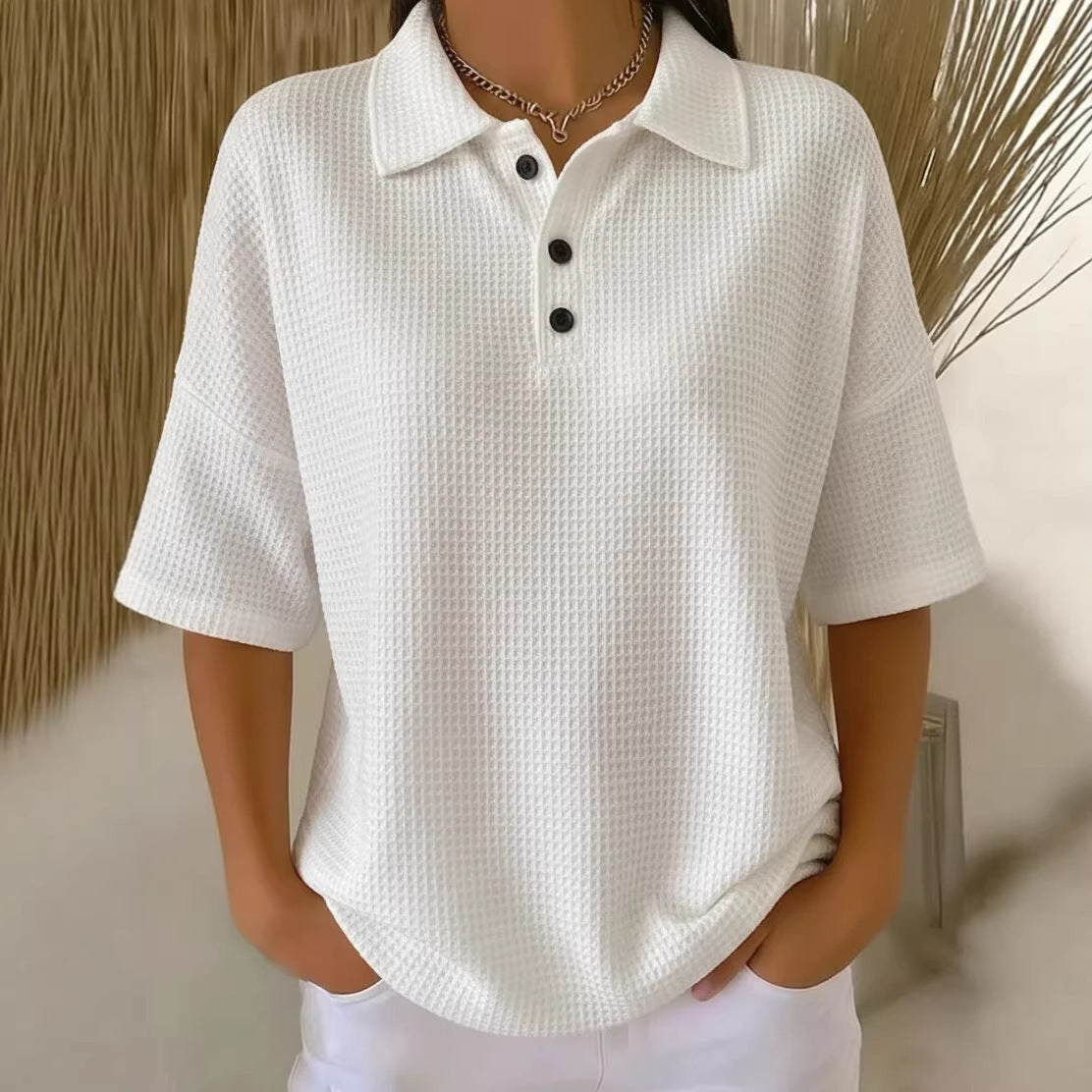 Effortless Waffle Knit Blouses for Women with Polo Neck Button Short Sleeve Loose Fit Casual Style