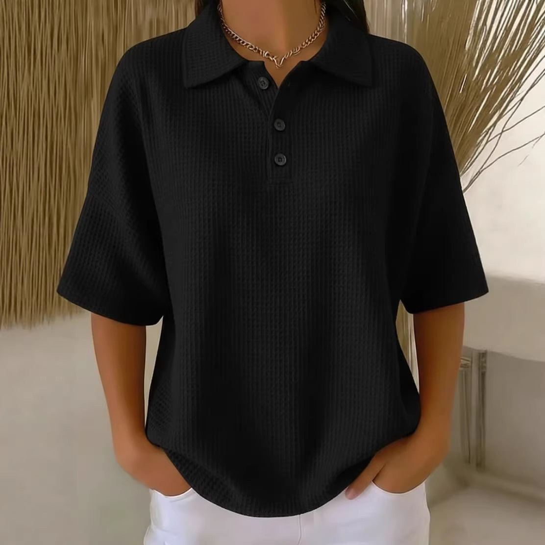 Effortless Waffle Knit Blouses for Women with Polo Neck Button Short Sleeve Loose Fit Casual Style