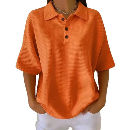 Effortless Waffle Knit Blouses for Women with Polo Neck Button Short Sleeve Loose Fit Casual Style