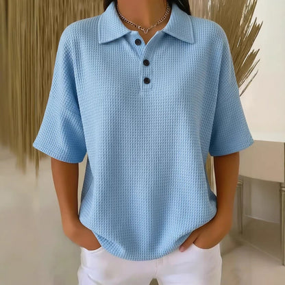 Effortless Waffle Knit Blouses for Women with Polo Neck Button Short Sleeve Loose Fit Casual Style